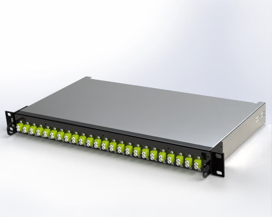 PatchPro 24-Port (48-Fiber) LC OM5 iPLM Ready Term/Splice Panel Set attached with 24 simplex Pigtail
