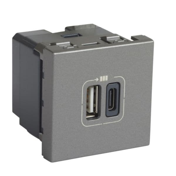 Mosaic™ - Double USB Type-A + Type-C charging sockets - 5 V - 3 A - 15 W - 2 modules - alu