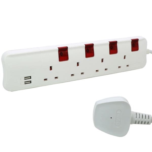 Multi Extension Sockets British Standard 4X2P+E 4 switches single pole 2XUSB type A BS plug 3M cord 