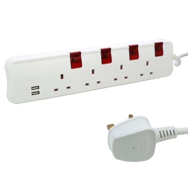 Multi Extension Sockets British Standard 4X2P+E 4 switches single pole 2XUSB type A BS plug 5M cord 