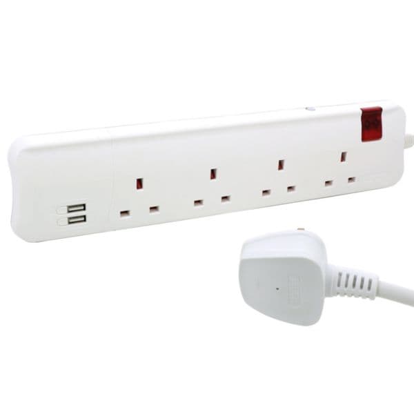 Multi Extension Sockets British Standard 4X2P+E 1 switch double pole 2XUSB type A BS plug 5M cord wh