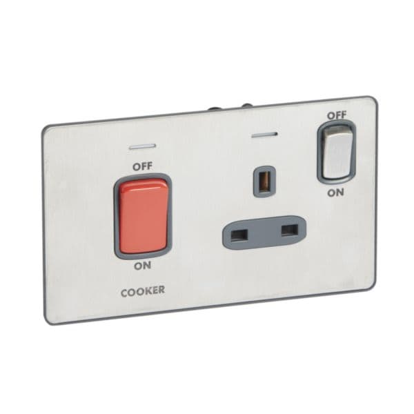 Synergy™ Sleek - 2gang double pole switch 45A + BS 13A switched socket outlet cooker marking - Brush