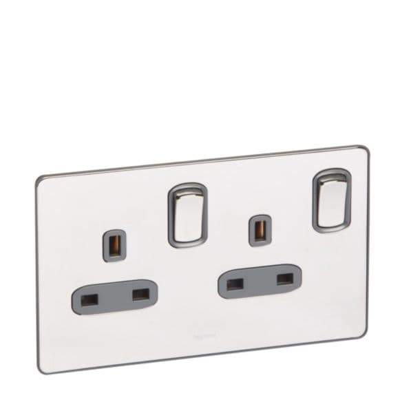 Synergy™ Sleek - 2 gang switched single pole BS socket outlet 13A - Polished Stainless Steel