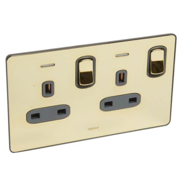 Synergy™ Sleek - 2 gang switched single pole BS socket outlet 13A + blue led power indicator - Gloss