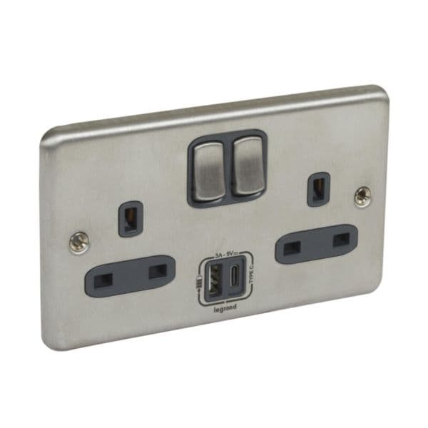 Synergy™ Authentic - 2 gang switched single pole BS socket outlet 13A + USB chargers Type A&C - Brus