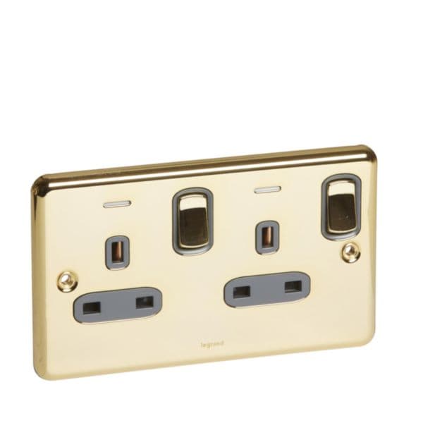 Synergy™ Authentic - 2 gang switched double pole BS socket outlet 13A + blue led power indicator - G