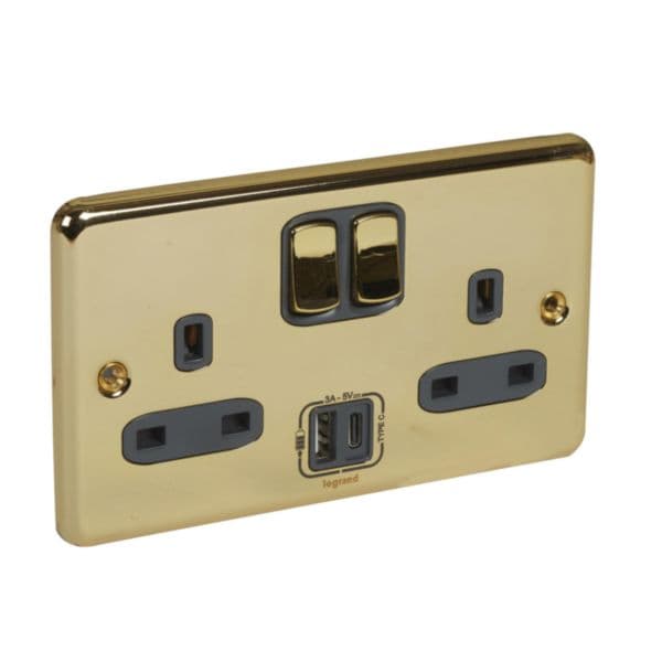 Synergy™ Authentic - 2 gang switched single pole BS socket outlet 13A + USB chargers Type A&C - Glos