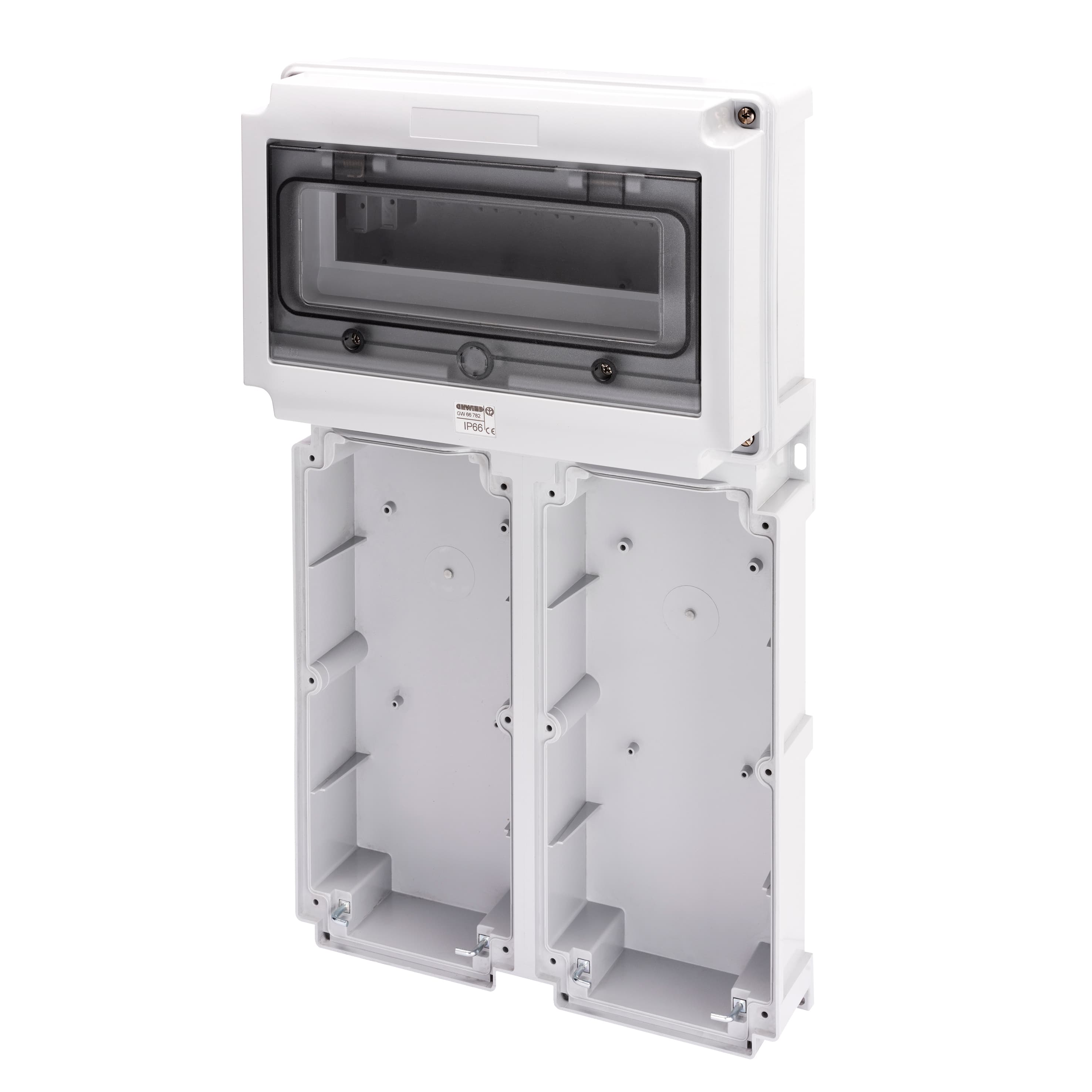 MODULAR BASE WITH PANEL WITH WINDOW AND EN50022 RAIL - 2 SOCKET OUTLET 16/32A / SELV - 12 MOD.EN5002