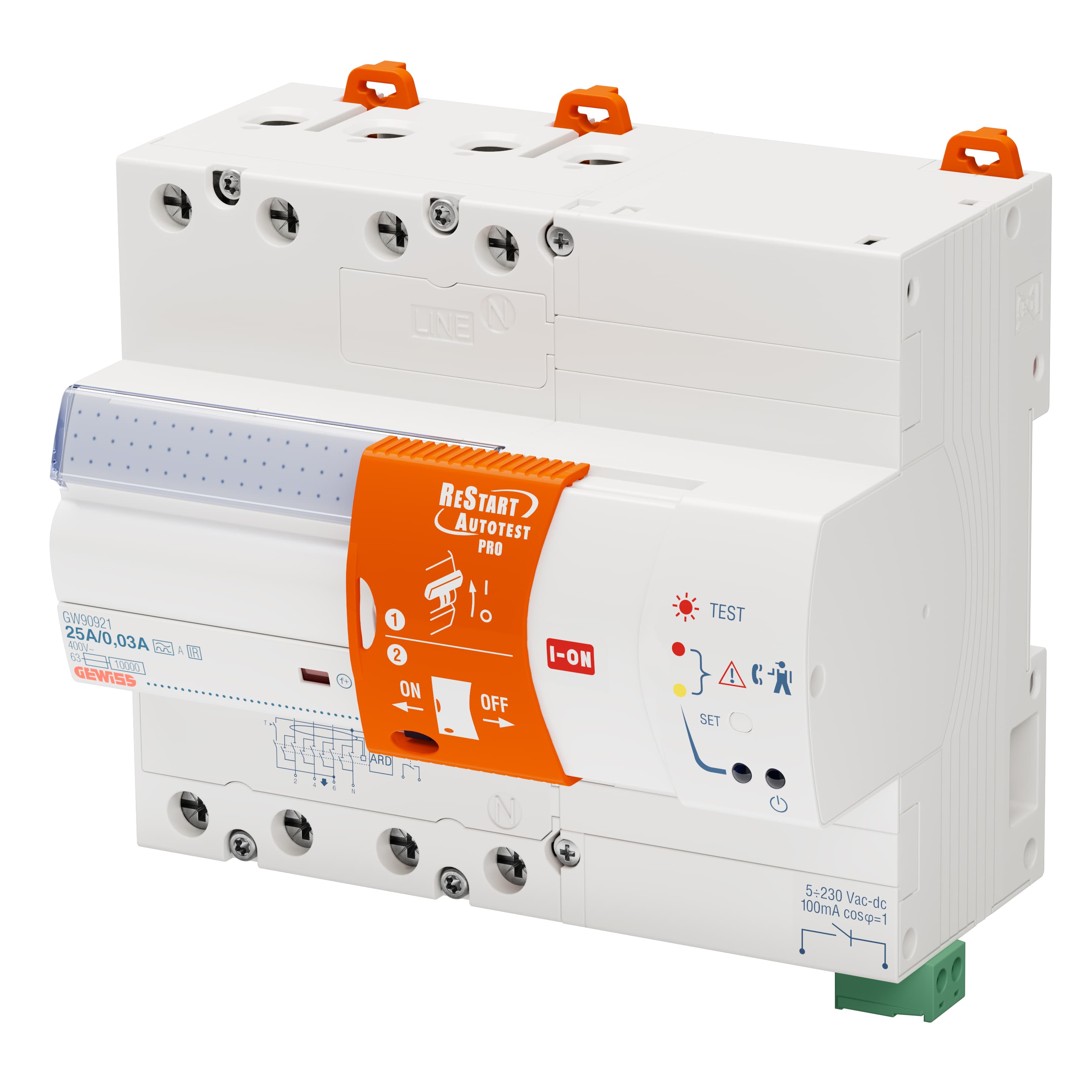 RESTART WITH AUTOTEST PRO - COUPLED WITH RCCB'S - 4 POLES - 25 A TYPE A[IR] Idn=0,03 A 400 V - 7 MOD