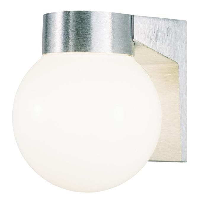 One-Light Exterior Wall Lantern, Brushed Aluminum Finish on Cast Aluminum with White Threaded Glass