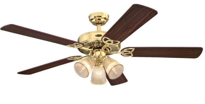 Vintage 52-Inch Five-Blade Indoor Ceiling Fan, Polished Brass Finish with Dimmable LED Light Fixture
