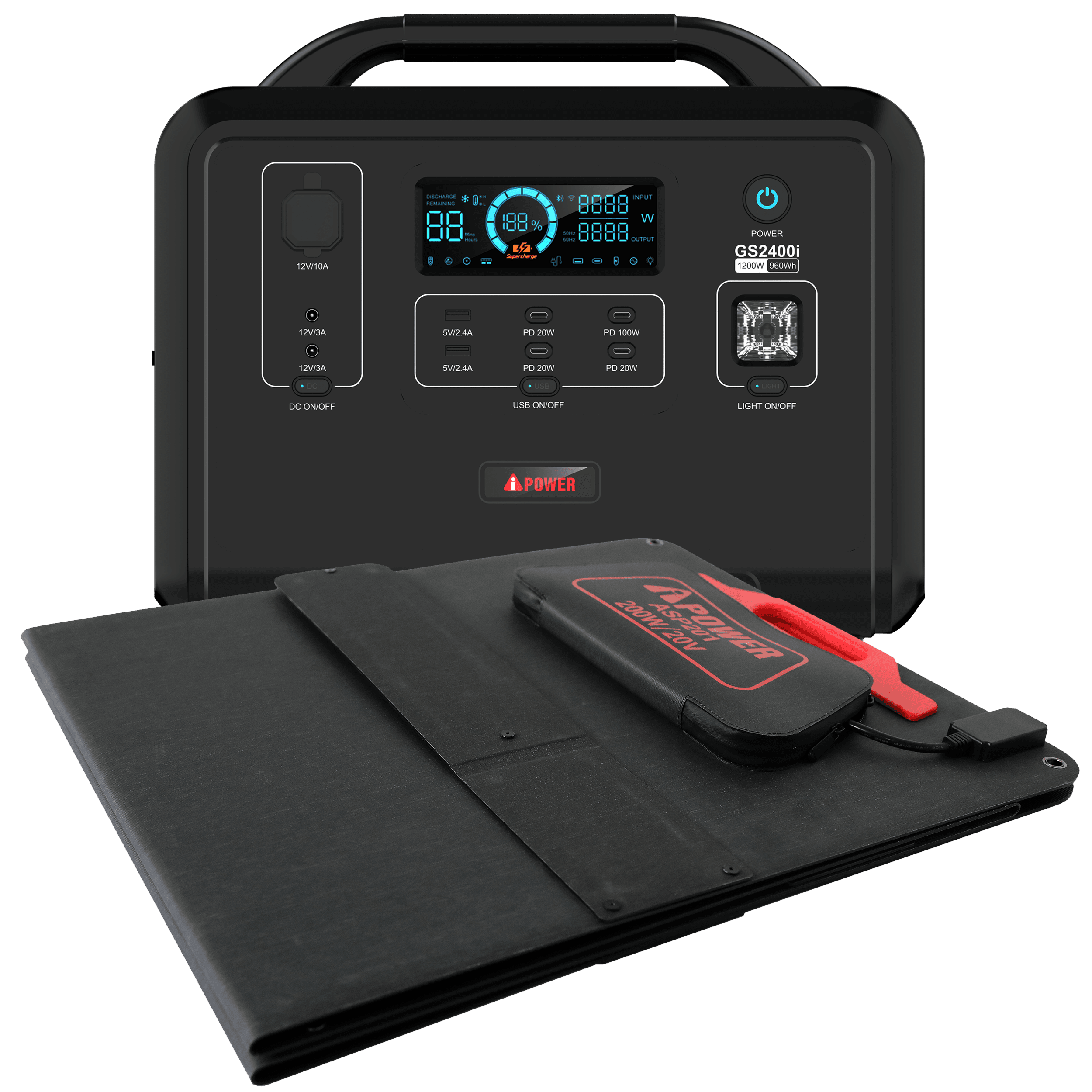 GS2400i+200W Solar Panel, 1200W Power Source Solar Generator Bundle