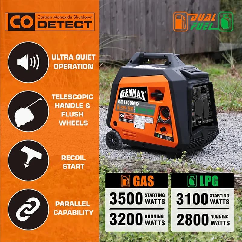 GENMAX GM3500iAD 3500 Watt Portable Dual Fuel Inverter Generator - Manual Start