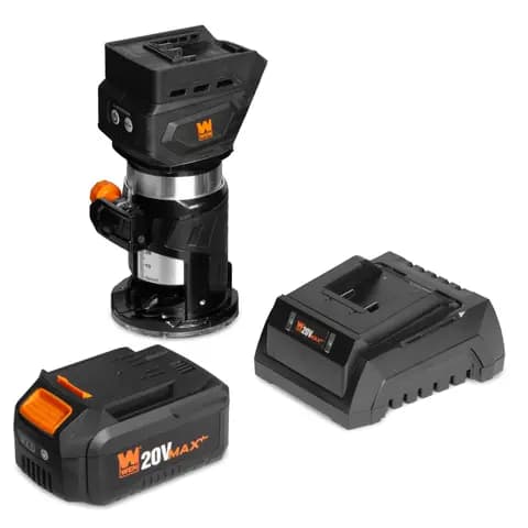 WEN 20610 20V Max Cordless Brushless Compact Trim Router with Fixed Base, 4Ah Lithium-Ion Battery