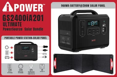GS2400i+200W Solar Panel, 1200W Power Source Solar Generator Bundle